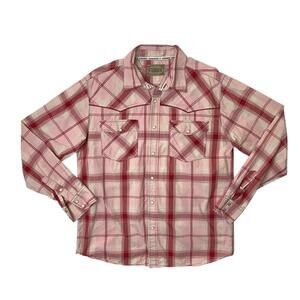 Cowboy Hardware Shirt Mens L Cotton Pearl Snap Buttons Plaid Long Sleeve Western
